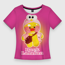 Женская футболка 3D Slim с принтом Duck Lalafanfan Лалафанфан в Кировске,  |  | duck | korean | lalafanfan | rosy cheeks | soft | toy | игрушка | корейская | круглые очки | лалафан | лалафанфан | мягкая | розовые щёки | утка