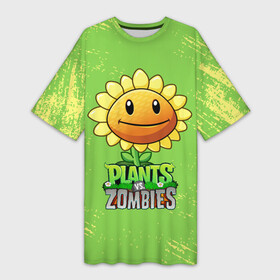 Платье-футболка 3D с принтом Подсолнух Plants vs. Zombies в Кировске,  |  | Тематика изображения на принте: plants vs zombies | зомби | игра | компьютерная игра | подсолнух | против | растения | растения против зомби