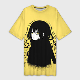 Платье-футболка 3D с принтом Yellow Miko в Кировске,  |  | anime | chan | mieruko | mierukochan | аниме | аниме девочка видит это | девочка видит | девочка которая видит это | миеруко чан | мико чан | монстры | призраки | ужасы
