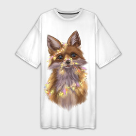 Платье-футболка 3D с принтом Fox with a garland в Кировске,  |  | fox | гирлянда | животные | лиса | новый год