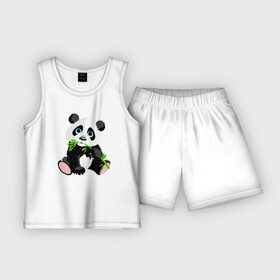 Детская пижама с шортами хлопок с принтом Забавный медвежонок Панда в Кировске,  |  | bamboo | claws | cutie | ears | eyes | muzzle | nose | panda | paws | teddy bear | бамбук | глаза | когти | лапы | медвежонок | милашка | мордочка | нос | панда