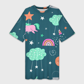 Платье-футболка 3D с принтом Летающий единорог в Кировске,  |  | doodle | дудл | единорог | звездочка | летающий единорог | лошадка | облако | пони | радуга | спящий единорог