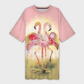Платье-футболка 3D с принтом Танец Любви 2. Фламинго. в Кировске,  |  | 8 марта | вода | восьмое марта | гламур | градиент | день любви | день св. валентина | любовь | нежность | подарок на день рождения | подарок на свадьбу | принт для девушек | птицы и цветы | стилизация