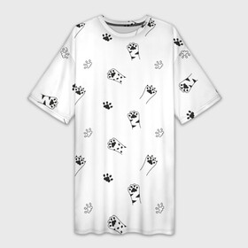 Платье-футболка 3D с принтом Паттерн  кошачьи лапки 3D в Кировске,  |  | cat | kitten | домашние животные | когти | контур | кот | котенок | кошка | лапа | лапка | мяу | набор | обводка | отпечаток | паттерн | подушечки | сет | след