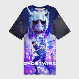 Платье-футболка 3D с принтом Ghostwire: Tokyo Главный герой в Кировске,  |  | games | ghostwire | logo | mask | neon | ps5 | samurai | tokyo | игры | лого | маска | неон | пс5 | самурай | токио