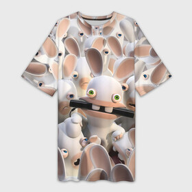 Платье-футболка 3D с принтом Куча бешеных кроликов в Кировске,  |  | animals | cartoons | games | netflix | rabbit | raving rabbids | ubisoft | бешеные кролики | животные | игры | мультики | нетфликс | юбисофт