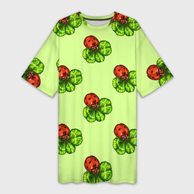 Платье-футболка 3D с принтом Божья коровка и клевер на зеленом. в Кировске,  |  | 4 х листник | green | ladybird | ladybug | акварель | божьи коровки | божья коровка | зеленый | клевер | насекомое | насекомые | примета | символ счастья | удача | четырехлистник