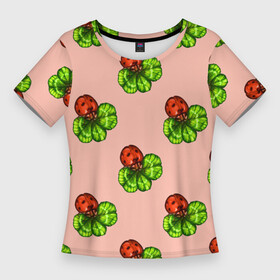 Женская футболка 3D Slim с принтом Божья коровка и клевер на розовом. в Кировске,  |  | Тематика изображения на принте: 4х листник | ladybug | божьи коровки | божья коровка | клевер | на счастье | на удачу | насекомое | насекомые | паттерн | розовый | символ счастья | символы удачи | четырехлистник