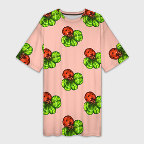Платье-футболка 3D с принтом Божья коровка и клевер на розовом. в Кировске,  |  | 4х листник | ladybug | божьи коровки | божья коровка | клевер | на счастье | на удачу | насекомое | насекомые | паттерн | розовый | символ счастья | символы удачи | четырехлистник
