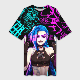 Платье-футболка 3D с принтом JINX  ДЖИНКС  NEON PATTERN в Кировске,  |  | Тематика изображения на принте: akali | arcane | fan | fan art | hero | jinx | kda | kda mas | league of legends | lol | moba | neon | акали | аркейн | герой | джинкс | кда | лига легенд | лол | моба | неон