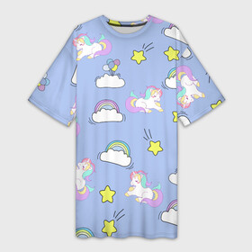 Платье-футболка 3D с принтом Единоржки и облака в Кировске,  |  | dabbing unicorn | unicorn | детская | единорог радуга | единорожек | звезда | круги | мило | облака | пижама | подарок | прикольные картинки | радуга | радужный единорог | шарики