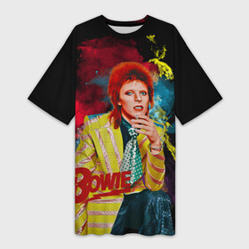 Платье-футболка 3D с принтом Time takes a cigarette в Кировске,  |  | 70е | bowie | david bowie | rock n roll | starman | ziggy stardust | боуи | дэвид боуи | зигги стардаст | музыка | рок н ролл | стармэн