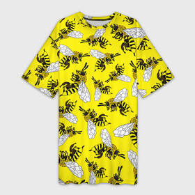 Платье-футболка 3D с принтом Пчелы на желтом в Кировске,  |  | bee | honey | insect | nature | spring | summer | sunny | yellow | весно | желтый узор | жук | крылья | лето | мед | много насекомых | насекомые | оса | пасечник | природа | пчела | пчелиный рой | пчелка | пчеловод | пчелы | рой пчел