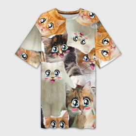 Платье-футболка 3D с принтом Много кошек с большими анимэ глазами в Кировске,  |  | глаза анимэ кошки | глаза мультяшные | киса | киска | кисуля | кисуня | кот | котейка | котик | коты | кошек | кошка | много | с анимэ глазами