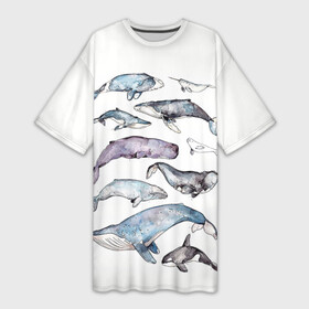 Платье-футболка 3D с принтом киты акварелью в Кировске,  |  | ocean | orca | sea | sea animal | whale | дельфин | касатка | кит | море | морские мотивы | морской фон | океан | рисунок кита