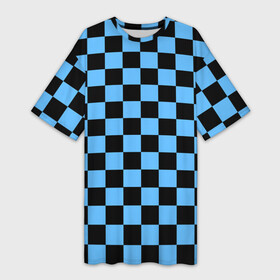 Платье-футболка 3D с принтом Шахматная доска  Синяя в Кировске,  |  | в клетку | квадрат | квадратики | синий | шахматный принт | шахматы | шашки