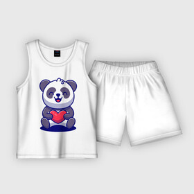 Детская пижама с шортами хлопок с принтом Панда с сердцем в Кировске,  |  | bear | heart | panda | smile | медведь | панда | сердце | улыбка