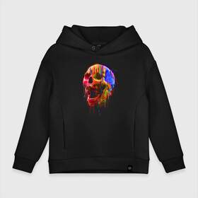 Детское худи Oversize хлопок с принтом Color skull   Neon   Fashion в Кировске, френч-терри — 70% хлопок, 30% полиэстер. Мягкий теплый начес внутри —100% хлопок | боковые карманы, эластичные манжеты и нижняя кромка, капюшон на магнитной кнопке | Тематика изображения на принте: color | fashion | jaw | neon | skull | мода | неон | пасть | цвет | череп