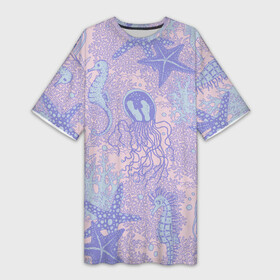 Платье-футболка 3D с принтом Морские коньки и медузы в Кировске,  |  | Тематика изображения на принте: коралл | медуза | море | морская звезда | морской | морской конек | на дне | океан | под водой | подводный | розовый | сиреневый