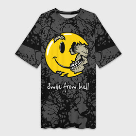 Платье-футболка 3D с принтом Smile from hell в Кировске,  |  | death | from hell | skull | smile | smiley torn | из ада | смайлик разорванный | улыбка | череп