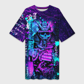 Платье-футболка 3D с принтом Неоновый Японский Самурай  Neon Samurai Skull в Кировске,  |  | anime | grunge | neon | samurai | skulls | боевые | брызги | гранж | иероглифы | искусства | краски | надпись | неоновый | полосы | потертости | скелет | черепа