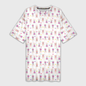 Платье-футболка 3D с принтом Веселые кролики с пасхальными яйцами в Кировске,  |  | белый фон | бирюзовый | детский | желтый | зайчик | заяц | кролик | мультяшный стиль | пастельные тона | пасха | пасхальный | персонаж | розовый | фиолетовый | яйцо