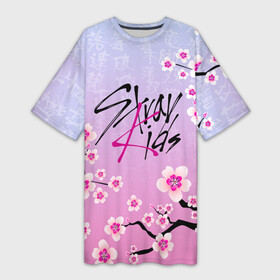 Платье-футболка 3D с принтом Stray Kids цветы сакуры в Кировске,  |  | bang chan | changbin | han | hyunjin | k pop | korean pop | lee felix | lee know | seungmin | skz | stray kids | бэнг чан | ли ноу | ли феликс | сакура | скз | стрей кидс | хан | хёнджин | цветы | чана | чангбин