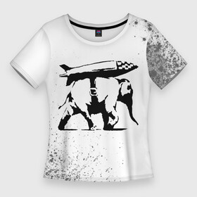 Женская футболка 3D Slim с принтом BANKSY  СЛОН  Краска в Кировске,  |  | art | artist | banksy | graffity | pacifique | pacifisme | peace | street | violence | war | арт | бэнкси | война | войне | граффити | мир | неравенство | нет | пацифизм | пацифика | символ мира | стрит | художник