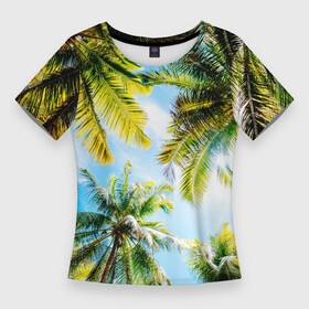 Женская футболка 3D Slim с принтом Пальмы под солнцем в Кировске,  |  | beach | clouds | exotic | green | hot | miami | palm | sea | sky | summer | sun | thailand | trees | tropics | ветви | ветки | деревья | джунгли | жара | лето | майами | маями | море | небо | облака | отпуск | пальмы | пляж | побережье | путешествие