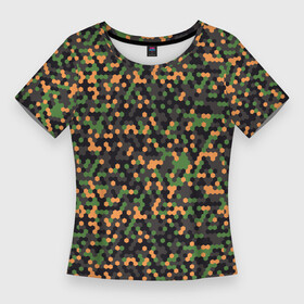 Женская футболка 3D Slim с принтом Абстрактный геометрический оранжевый черный и зеленый гексагональной военный камуфляж в Кировске,  |  | abstraction | camouflage | military | абстракция | армия | боец | военный камуфляж | воин | война | геомет | идеализация | камуфляж | маскировка | масхалат | математика | милитари | охота | охрана | пиксели