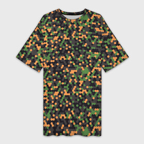 Платье-футболка 3D с принтом Абстрактный геометрический оранжевый черный и зеленый гексагональной военный камуфляж в Кировске,  |  | abstraction | camouflage | military | абстракция | армия | боец | военный камуфляж | воин | война | геомет | идеализация | камуфляж | маскировка | масхалат | математика | милитари | охота | охрана | пиксели