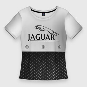 Женская футболка 3D Slim с принтом Jaguar Ягуар Сталь в Кировске,  |  | c x17 | c x75 concept | c xf | cars | e pace | f pace | jaguar | land | r d6 | r2 | r3 | r4 | r5 | rover. r1 | xkr 75 | авто | автомобиль | лого | машина | тачка | эмблема | ягуар