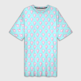 Платье-футболка 3D с принтом кресты голубой фон в Кировске,  |  | blue | cross | crosses | cute | cute background | neon | pattern | pink | polka dots | горошек | крест | кресты | неон | няшный | няшный фон | паттерн | розовый