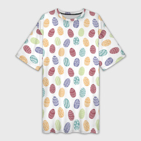 Платье-футболка 3D с принтом Пасхальные яйца. Паттерн на белом фоне в Кировске,  |  | easter | абстрактный | белый | бирюзовый | бордовый | дудл стиль | оранжевый | пасха | приглушенные тона | синий | узор | яйцо