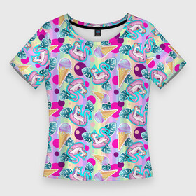Женская футболка 3D Slim с принтом Единороги на радужном фоне с мороженым в Кировске,  |  | dab unicorn | horse | ice cream | pony | unicorn | единорог | животное | зверь | конь | лошадь | мифическое существо | мороженое | мультик | пони | радуга | сказка | фламинго