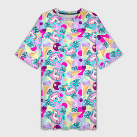 Платье-футболка 3D с принтом Единороги на радужном фоне с мороженым в Кировске,  |  | dab unicorn | horse | ice cream | pony | unicorn | единорог | животное | зверь | конь | лошадь | мифическое существо | мороженое | мультик | пони | радуга | сказка | фламинго