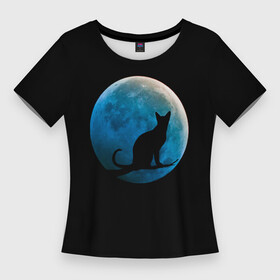 Женская футболка 3D Slim с принтом Силуэт кота на фоне синей луны в Кировске,  |  | background | blue | branch | cat | darkness | glow | kitten | moon | night | on | reflect | silhouette | sphinx | sunset | tree | ветка | дерево | закат | кот | кота | котенок | кошка | луна | луны | на | ночь | отблеск | сансет | свечение | силуэт | сине
