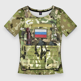 Женская футболка 3D Slim с принтом Бронежилет с боекомплектом в Кировске,  |  | армия | боекомплект | бронежилет | камуфляж | магазин акм | солдатский | флаг россии | шеврон | штык нож