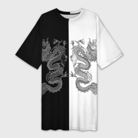 Платье-футболка 3D с принтом Double Dragon Дракон Чб в Кировске,  |  | beast | dragon | fire | grunge | горелый | дракон | животные | зверь | змей | иероглифы | когти | огонь | пепел | пламя | потертости | узор | чб | японский