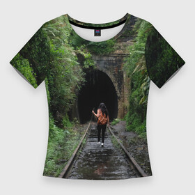 Женская футболка 3D Slim с принтом Дорога, уходящая в неизвестность в Кировске,  |  | бегство | девушка | деревья | дорога | жд | железная дорога | загадка | заросли | лес | мистика | мрак | мрачное | неизвестность | природа | рельсы | саспенс | тайна | туннель