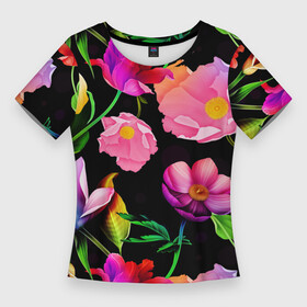 Женская футболка 3D Slim с принтом Цветочный узор  Floral pattern в Кировске,  |  | fashion | flower | leaf | pattern | лист | мода | узор | цветы