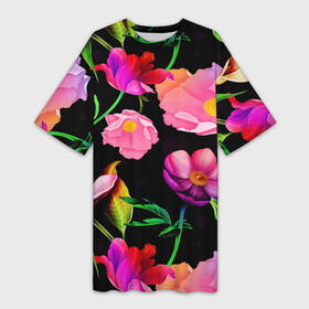 Платье-футболка 3D с принтом Цветочный узор  Floral pattern в Кировске,  |  | fashion | flower | leaf | pattern | лист | мода | узор | цветы