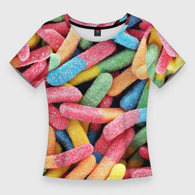 Женская футболка 3D Slim с принтом Мармеладные червячки в Кировске,  |  | sweet | десерт | макаронс | мармелад | мармеладки | мармеладные червячки | пирожные | разноцветные | сахар | сладкий пирожок | сладкий пирожочек | сладкоежка | сладкоешка | сладости | червяки