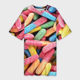 Платье-футболка 3D с принтом Мармеладные червячки в Кировске,  |  | sweet | десерт | макаронс | мармелад | мармеладки | мармеладные червячки | пирожные | разноцветные | сахар | сладкий пирожок | сладкий пирожочек | сладкоежка | сладкоешка | сладости | червяки