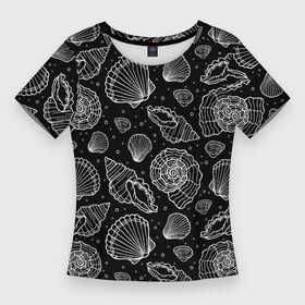 Женская футболка 3D Slim с принтом Ракушки, паттерн в Кировске,  |  | дудл | море | морские | паттерн | раковины | ракушки | скетч | узор | черно белый