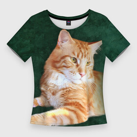 Женская футболка 3D Slim с принтом Мейн кун рыжий кот в Кировске,  |  | cat | зеленая | зеленый | кот | котенок | котик | красивый | кун | мейн | порода | рыжий | фотография