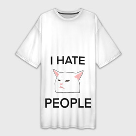 Платье-футболка 3D с принтом I hate people, дизайн с белым мемным котом в Кировске,  |  | i hate | i hate people | белый кот | домашние животные | животные | кот | кот за столом | кот из мема с девушками | коты из мемов | мемные коты | мемы | принт с котом | принты с котами | смешной кот