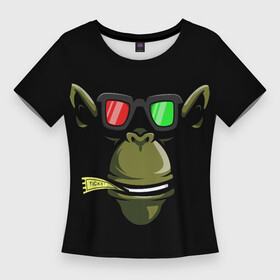 Женская футболка 3D Slim с принтом Обезьяна в 3Д очках в Кировске,  |  | Тематика изображения на принте: голова животного | животное | кино | обезьяна | очки