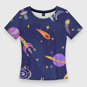 Женская футболка 3D Slim с принтом Космический дизайн с планетами, звёздами и ракетами в Кировске,  |  | астероид | астронавт | астрономия | звездопад | звезды | инопланетяне | космический корабль | космонавт | космос | летающая тарелка | луна | нло | планета | планеты | ракета | сатурн