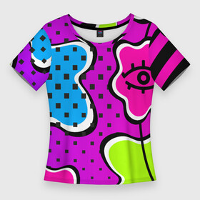 Женская футболка 3D Slim с принтом Яркий абстрактный узор в стиле 90х, неоновые цвета в Кировске,  |  | Тематика изображения на принте: 90 | 90х | 90ые | pop art | амебы | геометрический | глаз | глаза | кислотные | кляксы | неон | неоновый | поп | поп арт | пятна | розовый | салатовый | сетка дот | яркий